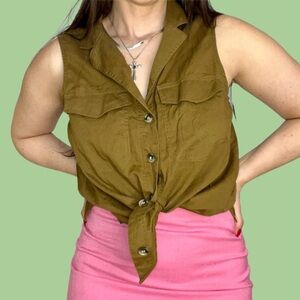 Banana Republic Green Sleeveless Button-Down Shirt with Tie Front